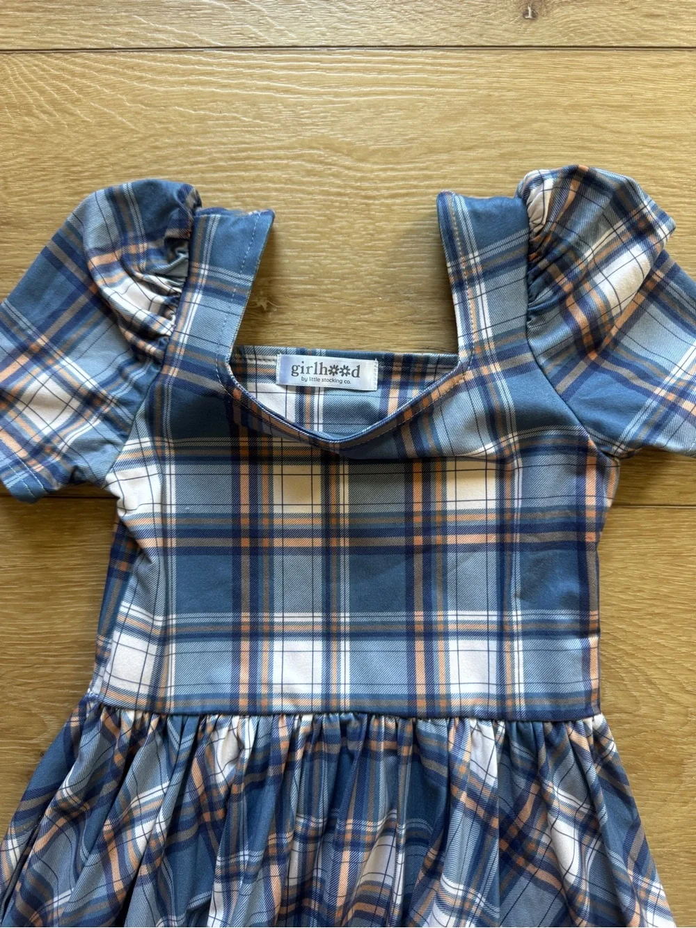 Girls Blue Plaid Puff-Sleeve Square-Neck Dress with Ruffle Hem